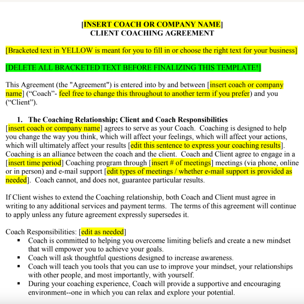 Life or Health + Wellness Coach Client Agreement Template