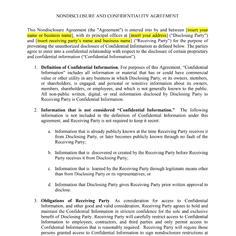 confidentiality agreement screenshot