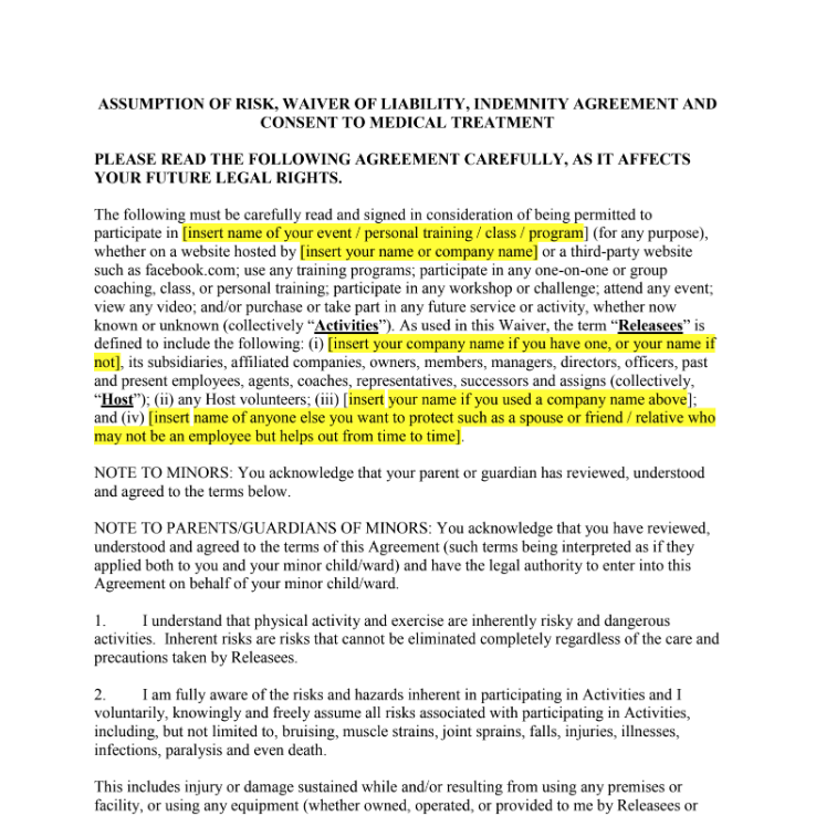 event or liability agreement screenshot