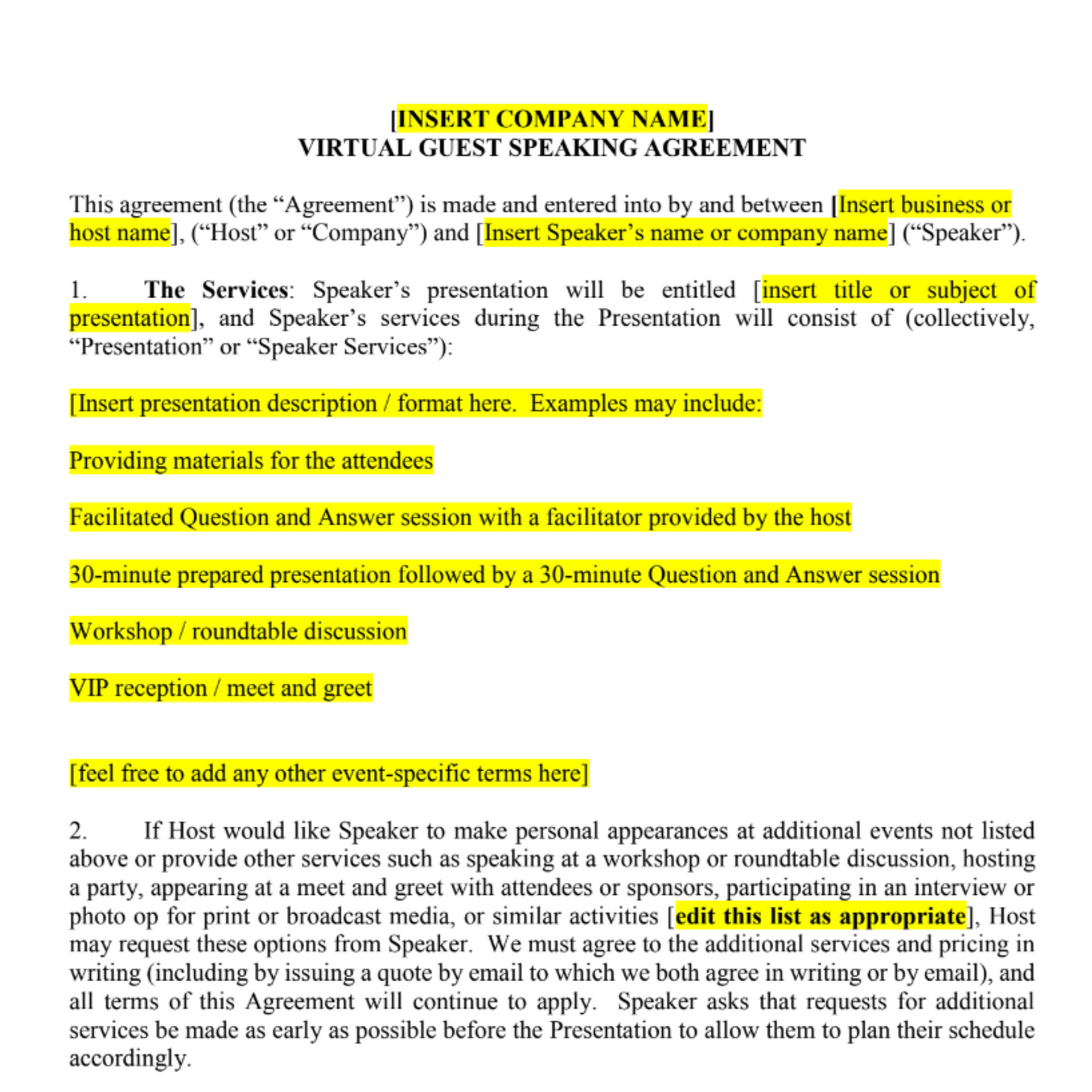 virtual guest speaking agreement screenshot