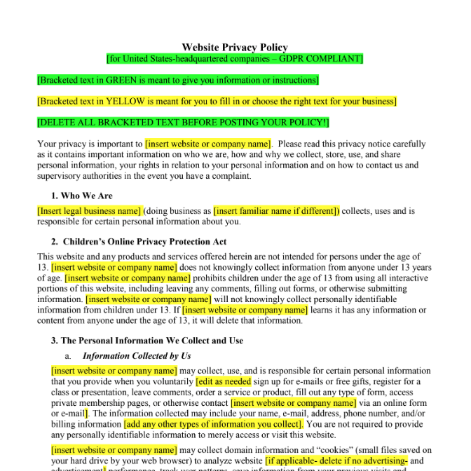 website privacy policy screenshot