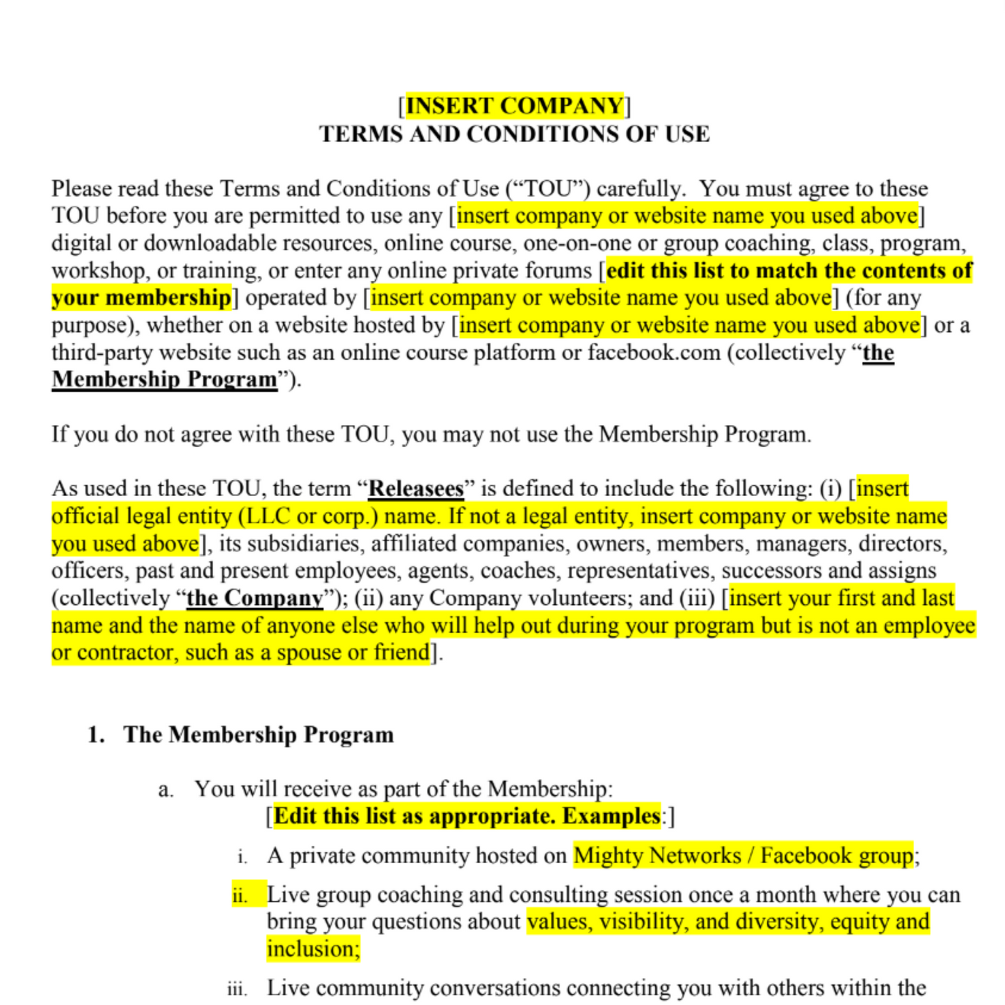 membership terms of use screenshot