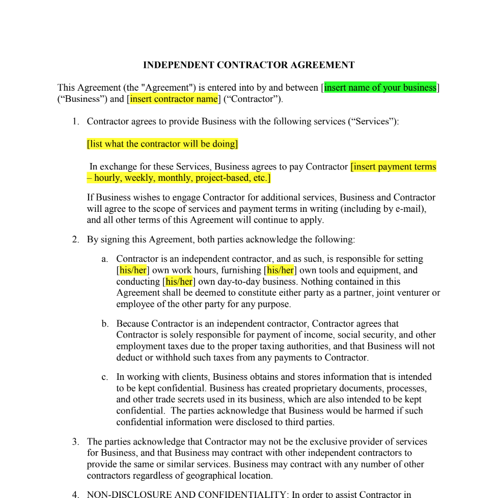 Quick Contractor Sample Contractors Agreement Template