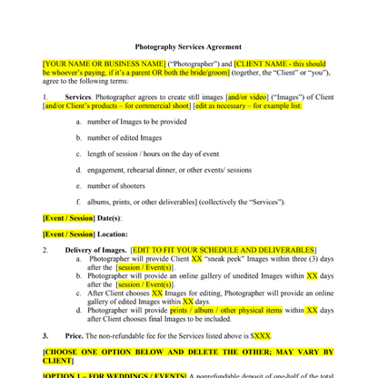 photography services agreement screenshot