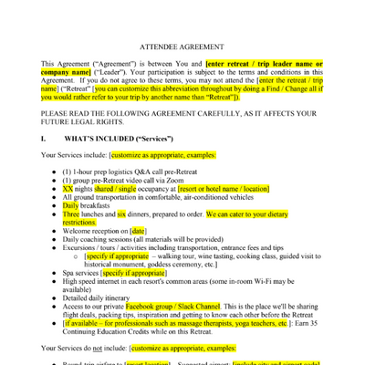 retreat or group trip agreement template screenshot